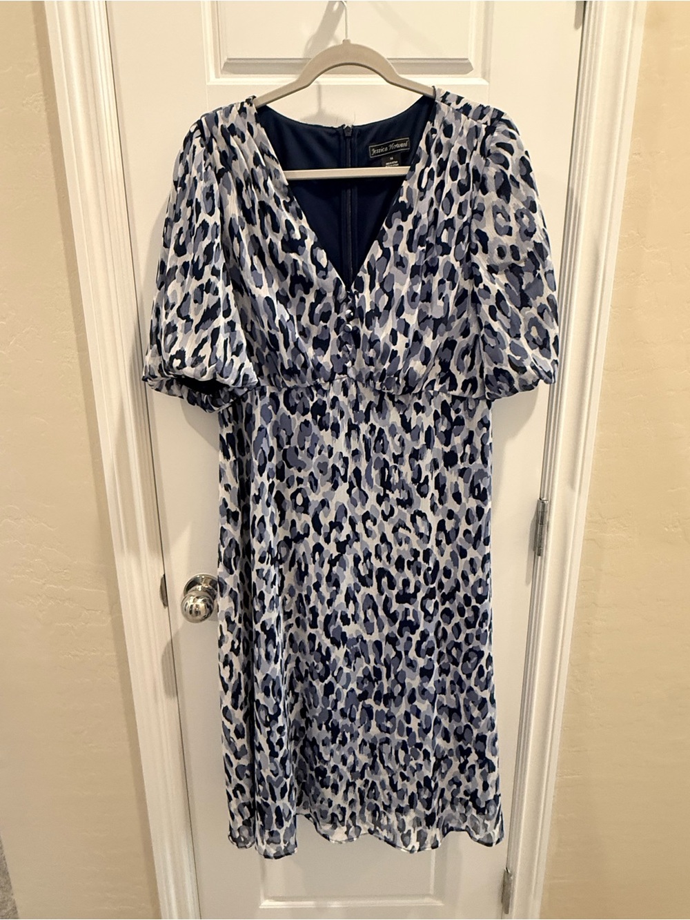 Jessica Howard Blue and White Leopard Print V-Neck Midi Dress